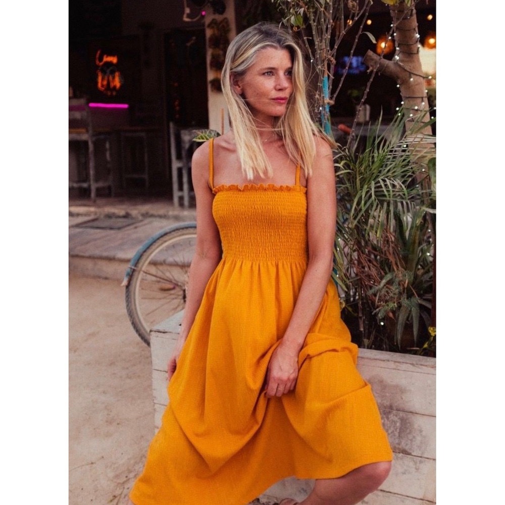 HM Mustard Yellow Boho Smocked Midi Dress Womens Large Summer Wedding Guest